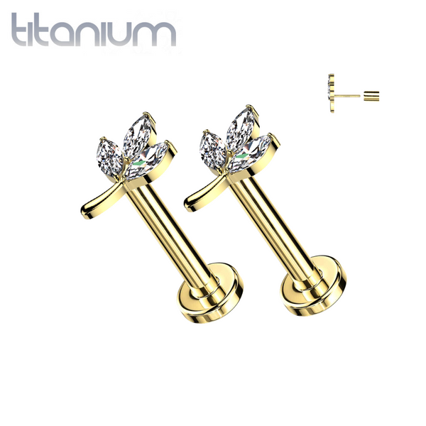 Pair of Implant Grade Titanium Gold PVD White CZ Leaf Threadless Push In Earrings With Flat Back - Pierced Universe