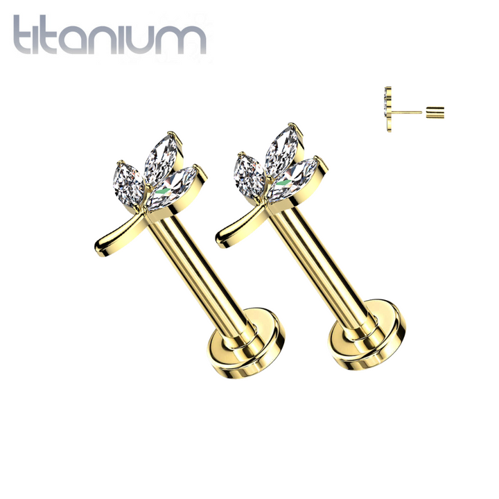 Pair of Implant Grade Titanium Gold PVD White CZ Leaf Threadless Push In Earrings With Flat Back - Pierced Universe