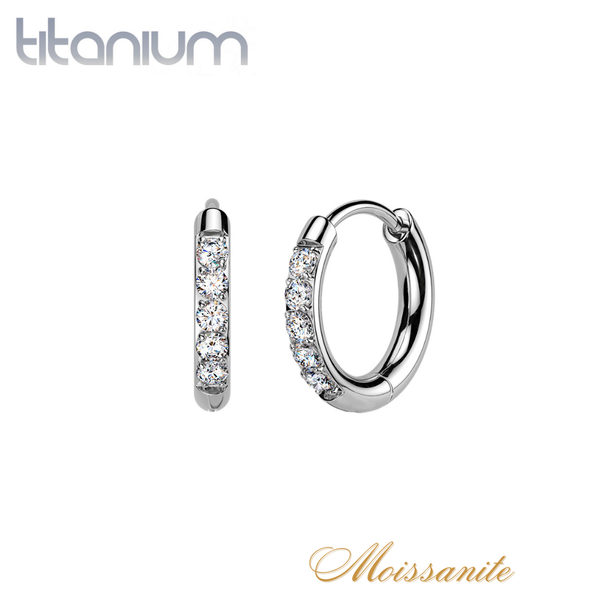 Pair of Implant Grade Titanium White Moissanite Gem Hinged Hoop Earrings
