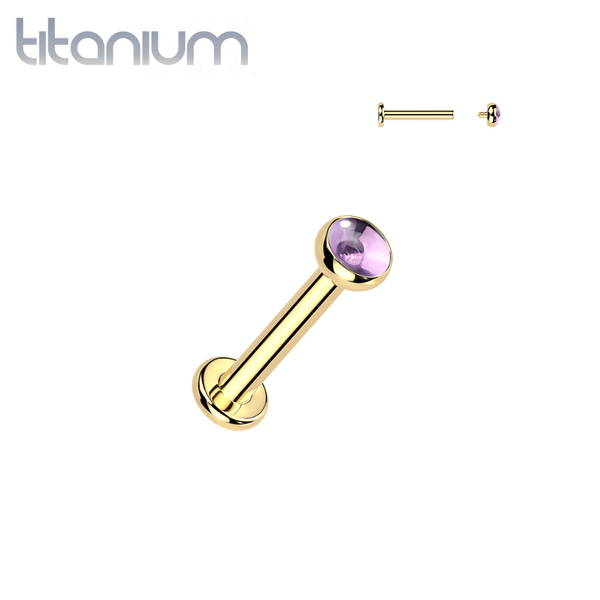 Implant Grade Titanium Gold PVD Amethyst Bezel Internally Threaded Flat Back Labret - Pierced Universe