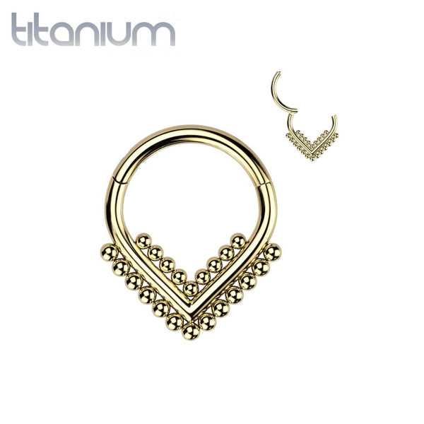 Implant Grade Titanium Gold PVD Beaded Tribal V Shaped Hinged Clicker Hoop