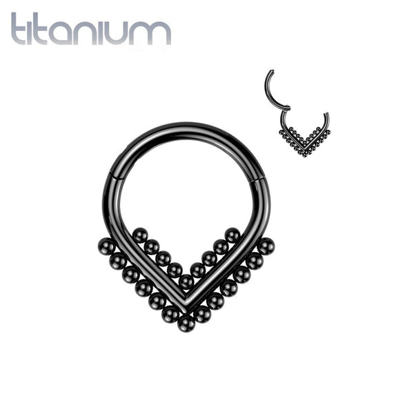 Implant Grade Titanium Black PVD Beaded Tribal V Shaped Hinged Clicker Hoop