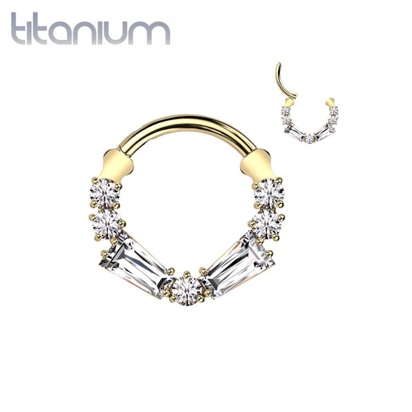 Implant Grade Titanium Gold PVD White CZ Baguette Gem Hinged Clicker Hoop - Pierced Universe