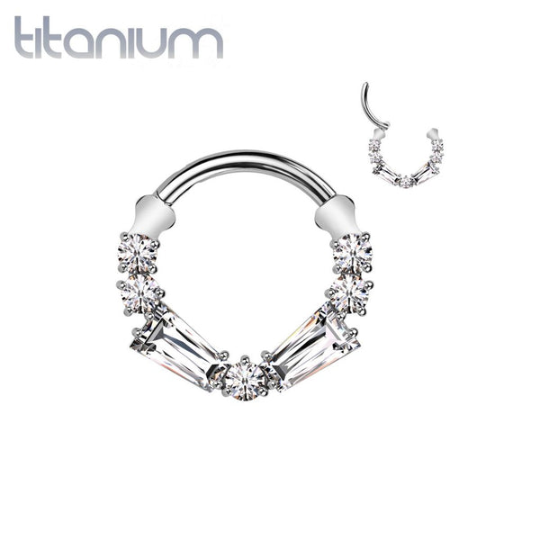 Implant Grade Titanium White CZ Baguette Gem Hinged Clicker Hoop - Pierced Universe
