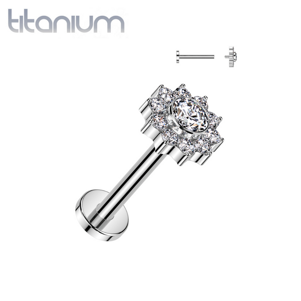 Implant Grade Titanium White CZ Flower Internally Threaded Flat Back Labret - Pierced Universe