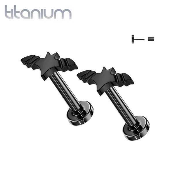 Pair of Implant Grade Titanium Black PVD Winged Flying Bat Push In Threadless Earring Studs Flat Back