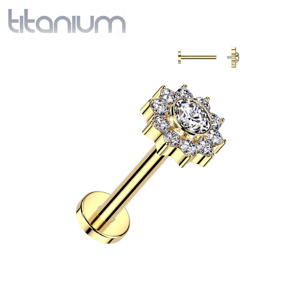 Implant Grade Titanium Gold PVD White CZ Flower Internally Threaded Flat Back Labret - Pierced Universe