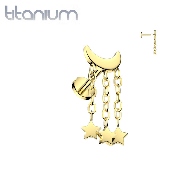 Implant Grade Titanium Gold PVD Internally Threaded Crescent Moon With Star Dangles Flat Back Labret - Pierced Universe