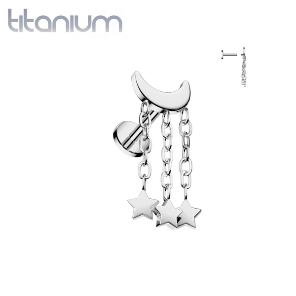 Implant Grade Titanium Internally Threaded Crescent Moon With Star Dangles Flat Back Labret - Pierced Universe