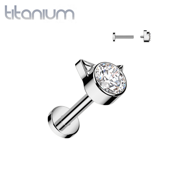 Implant Grade Titanium White CZ Cat Internally Threaded Flat Back Labret - Pierced Universe