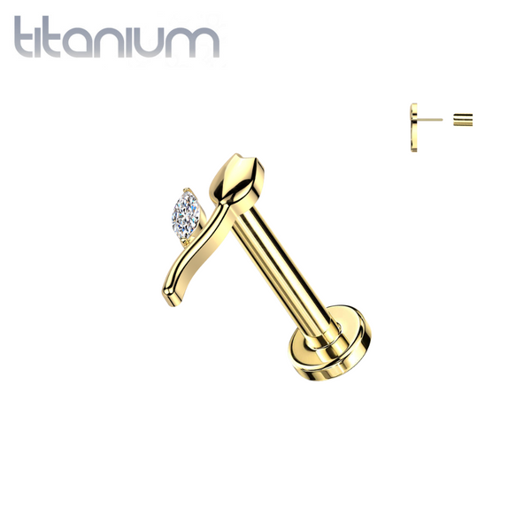 Implant Grade Titanium Gold PVD White CZ Tulip Flower Push In Threadless Labret With Flat Back - Pierced Universe