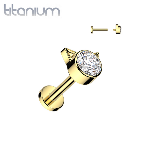 Implant Grade Titanium Gold PVD White CZ Cat Internally Threaded Flat Back Labret - Pierced Universe