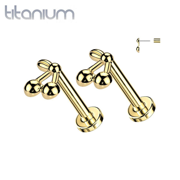 Pair of Implant Grade Titanium Threadless Gold PVD Cherry Push In Earrings With Flat Back Pair of Implant Grade Titanium Threadless Gold PVD Cherry Push In Earrings With Flat Back