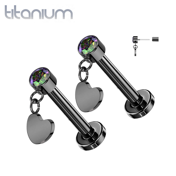 Pair of Implant Grade Titanium Black PVD VM CZ Heart Dangle Threadless Push In Earrings With Flat Back - Pierced Universe