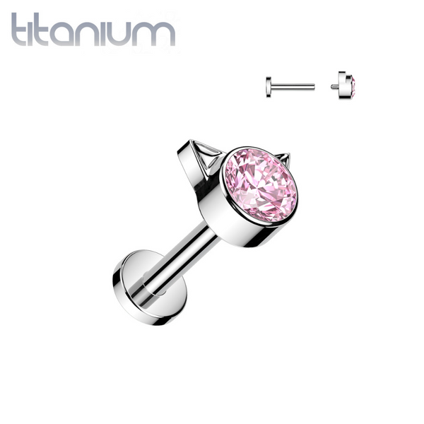 Implant Grade Titanium Pink CZ Cat Internally Threaded Flat Back Labret - Pierced Universe