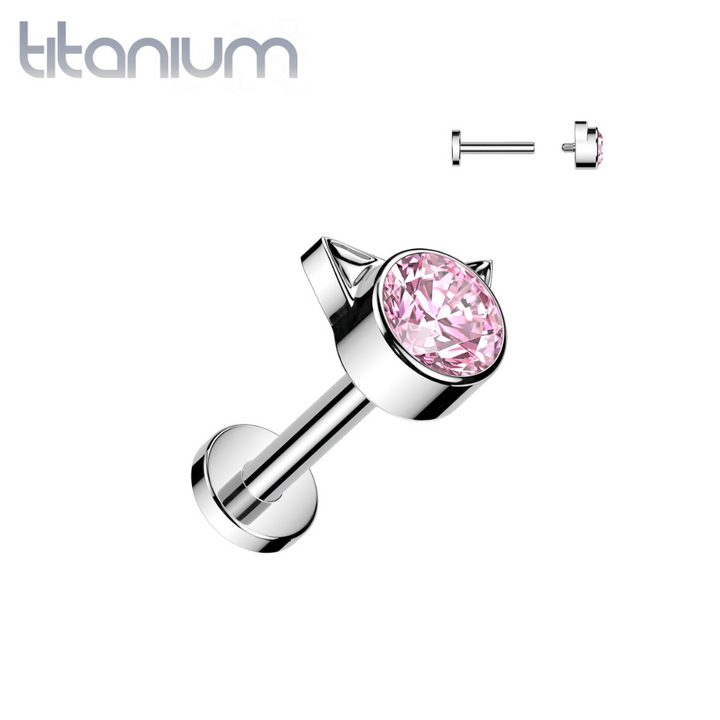 Implant Grade Titanium Pink CZ Cat Internally Threaded Flat Back Labret - Pierced Universe