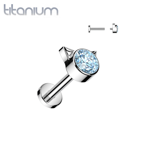 Implant Grade Titanium Aqua CZ Cat Internally Threaded Flat Back Labret - Pierced Universe