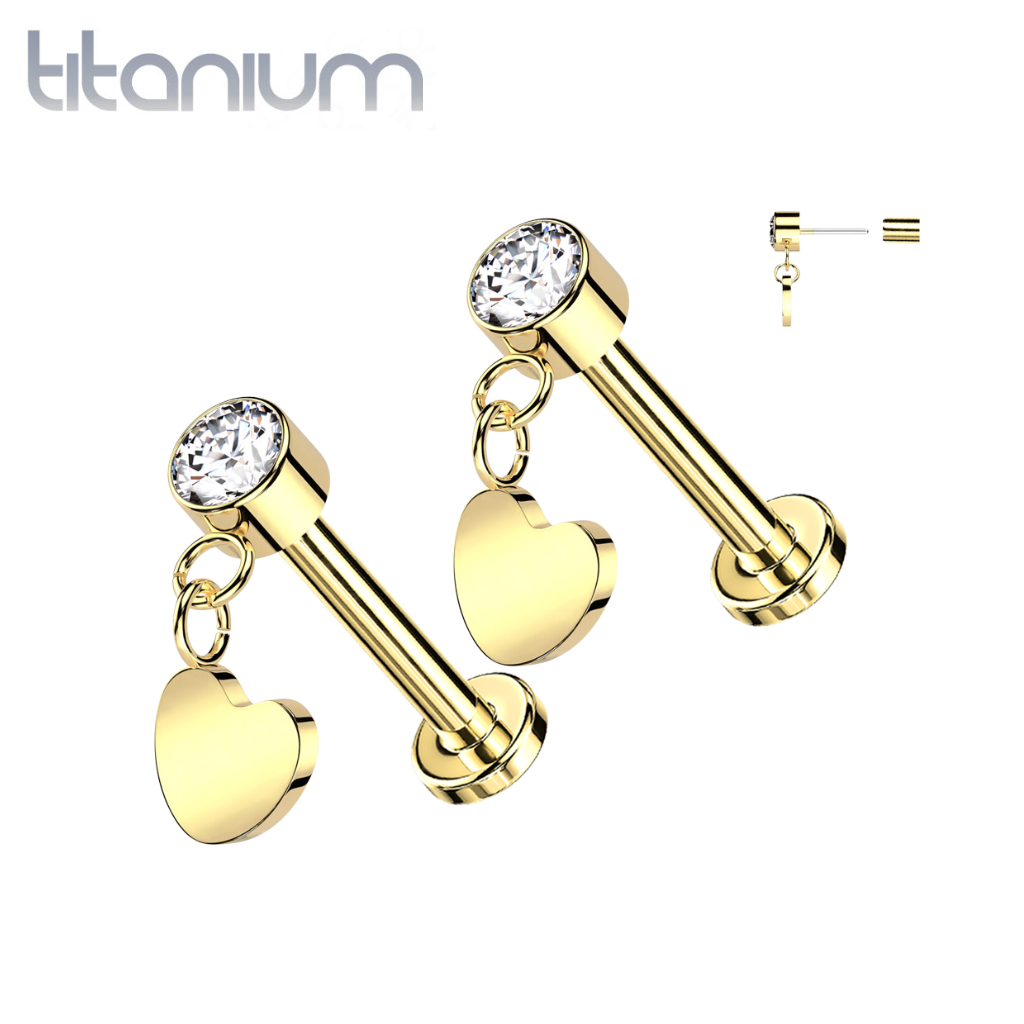 Pair of Implant Grade Titanium Gold PVD White CZ Heart Dangle ...