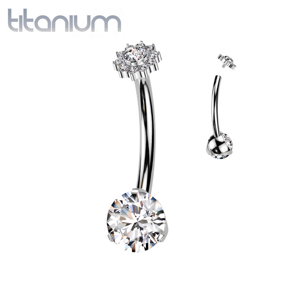 Implant Grade Titanium Internally Threaded White CZ Gem Flower Belly Ring - Pierced Universe
