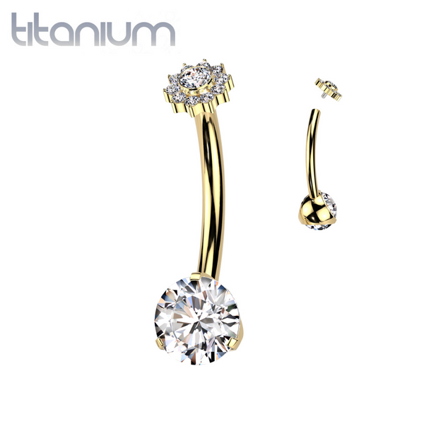 Implant Grade Titanium Gold PVD Internally Threaded White CZ Gem Flower Belly Ring - Pierced Universe