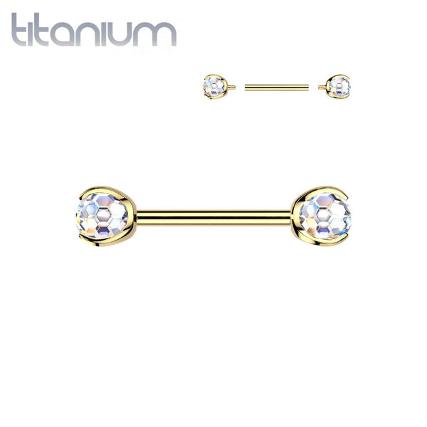 Implant Grade Titanium Gold PVD White CZ Faceted Gem  Ball Internally Threaded Straight Barbell - Pierced Universe