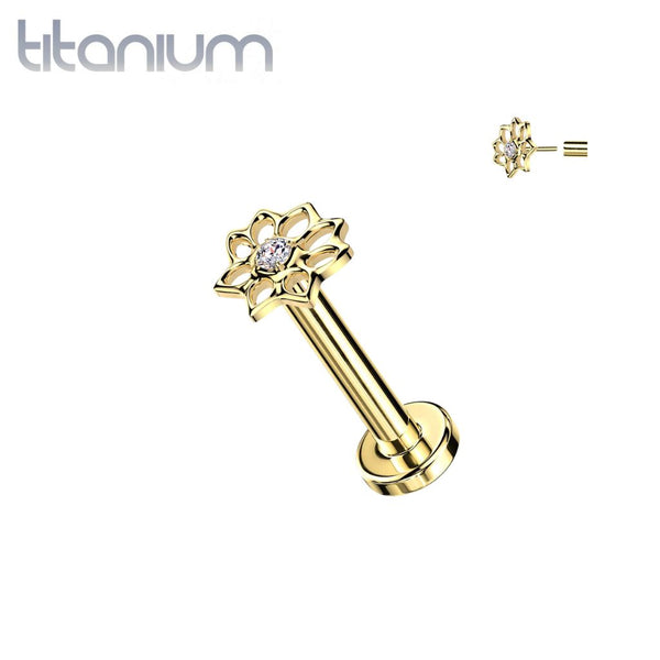 Implant Grade Titanium Gold PVD White CZ Lotus Flower Push In Threadless Labret With Flat Back - Pierced Universe