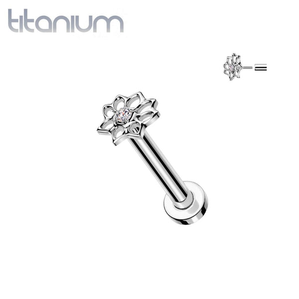 Implant Grade Titanium White CZ Lotus Flower Push In Threadless Labret With Flat Back - Pierced Universe