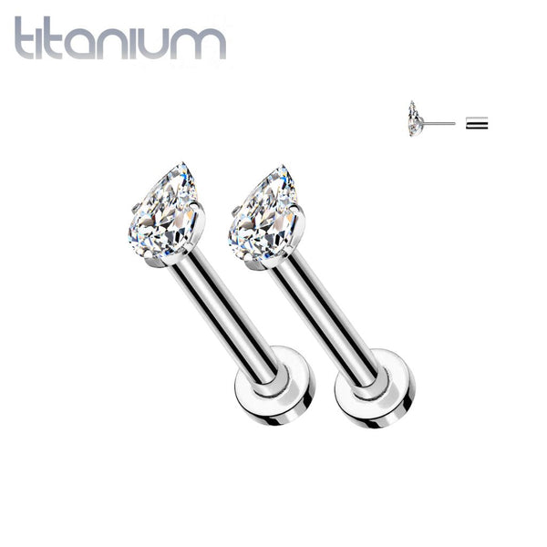 Pair of Implant Grade Titanium White CZ Teardrop Gem Push In Earrings With Flat Back - Pierced Universe