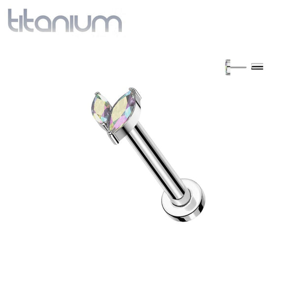 Implant Grade Titanium Aurora Borealis CZ Leaf Marquise Gem Push In Threadless Labret With Flat Back - Pierced Universe