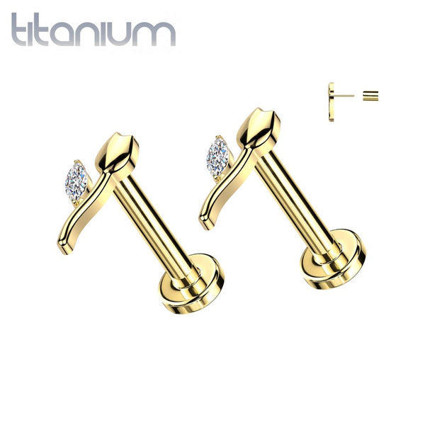 Pair of Implant Grade Titanium Threadless Gold PVD White CZ Tulip Push In Earrings With Flat Back - Pierced Universe