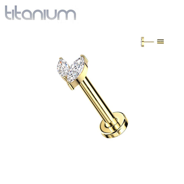 Implant Grade Titanium Gold PVD White CZ Leaf Marquise Gem Push In Threadless Labret With Flat Back - Pierced Universe