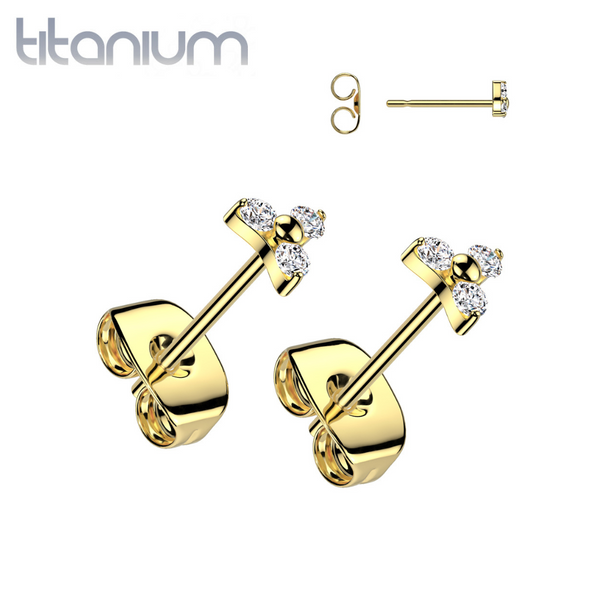 Pair of Implant Grade Titanium Gold PVD White CZ Trillium Stud Earrings - Pierced Universe