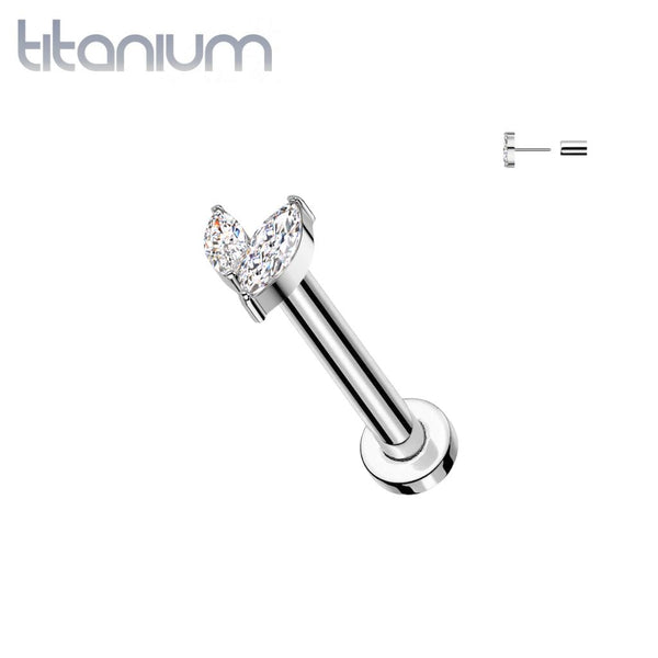 Implant Grade Titanium White CZ Leaf Marquise Gem Push In Threadless Labret With Flat Back - Pierced Universe