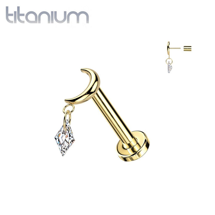 Implant Grade Titanium Gold PVD Crescent Moon White CZ Dangle Push In Threadless Labret With Flat Back - Pierced Universe