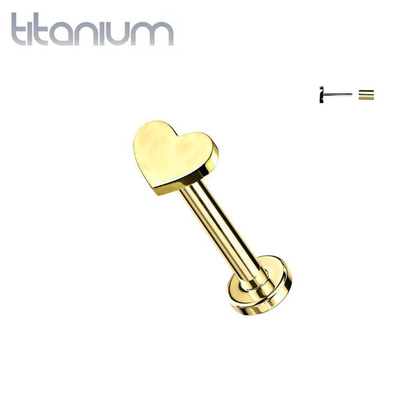 Implant Grade Titanium Threadless Push In Tragus/Cartilage Gold PVD Heart Stud With Flat Back