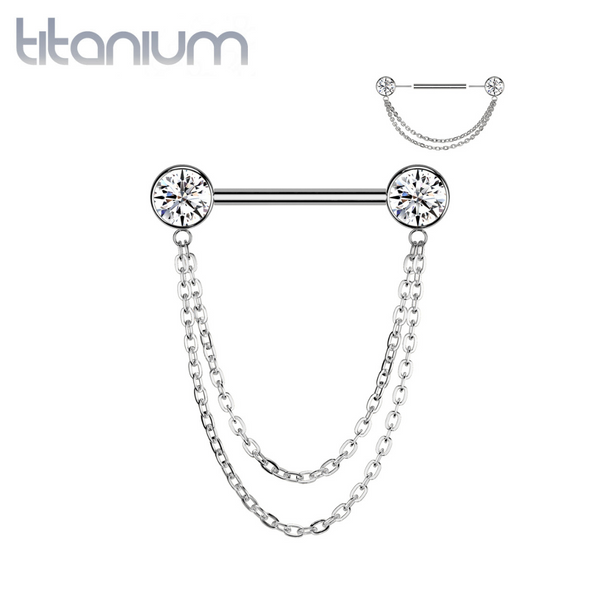 Implant Grade Titanium White CZ Bezel Chain Dangle Threadless Push In Straight Barbell Nipple Ring - Pierced Universe