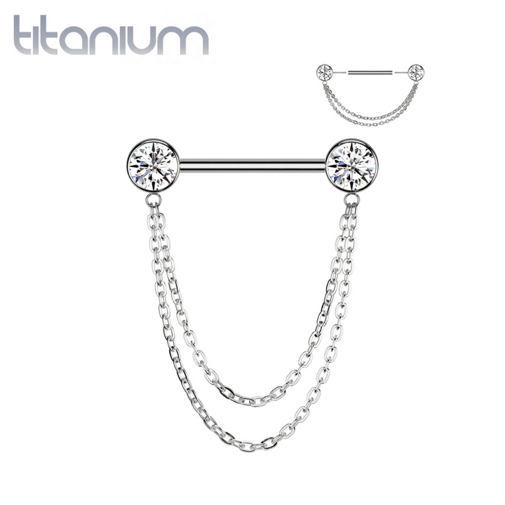 Implant Grade Titanium White CZ Bezel Chain Dangle Threadless Push In Straight Barbell Nipple Ring - Pierced Universe