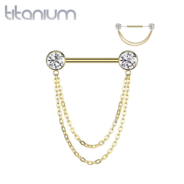 Implant Grade Titanium Gold PVD White CZ Bezel Chain Dangle Threadless Push In Straight Barbell Nipple Ring - Pierced Universe