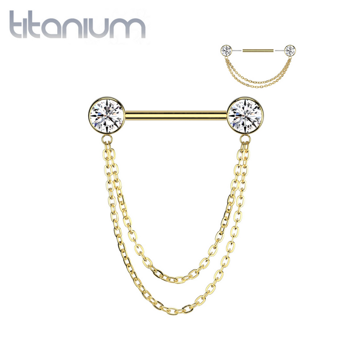 Implant Grade Titanium Gold PVD White CZ Bezel Chain Dangle Threadless Push In Straight Barbell Nipple Ring - Pierced Universe