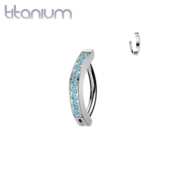 Implant Grade Titanium Aqua CZ Pave Gem Hinged Clicker 16ga Curved Barbell