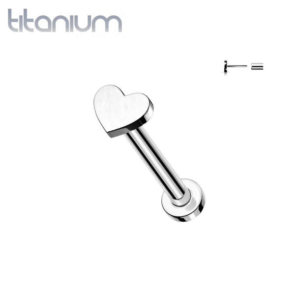 Implant Grade Titanium Threadless Push In Tragus/Cartilage Heart Stud With Flat Back
