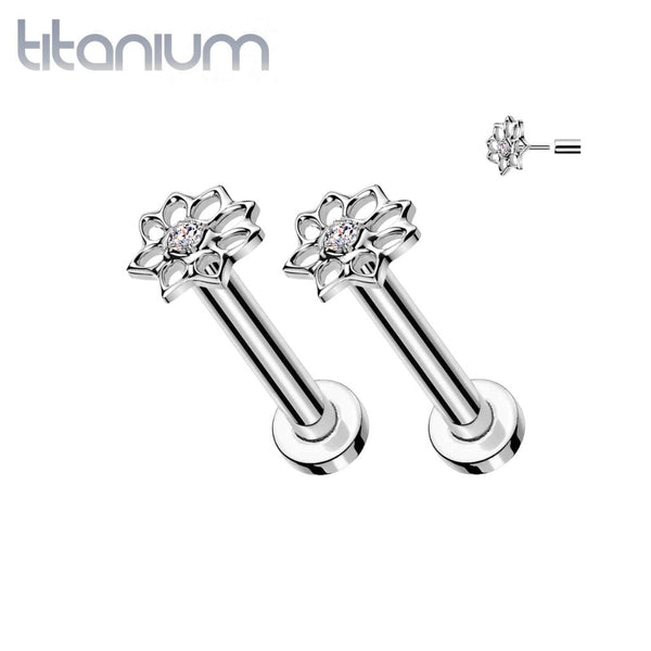Pair of Implant Grade Titanium Threadless White CZ Lotus Push In Earrings With Flat Back - Pierced Universe
