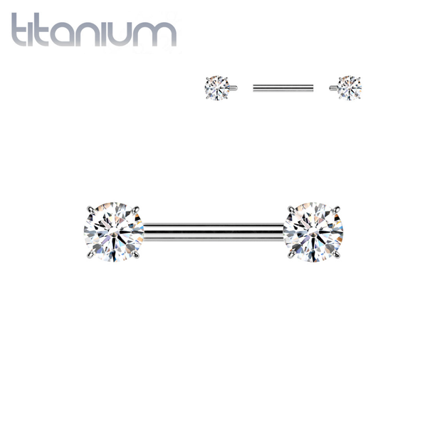 Implant Grade Titanium White CZ Internally Threaded Straight Barbell Nipple Ring