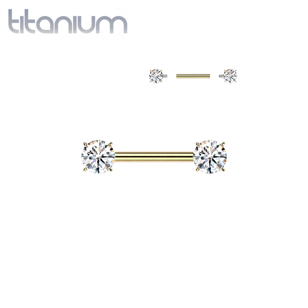 Implant Grade Titanium Gold PVD White CZ Internally Threaded Straight Barbell Nipple Ring - Pierced Universe