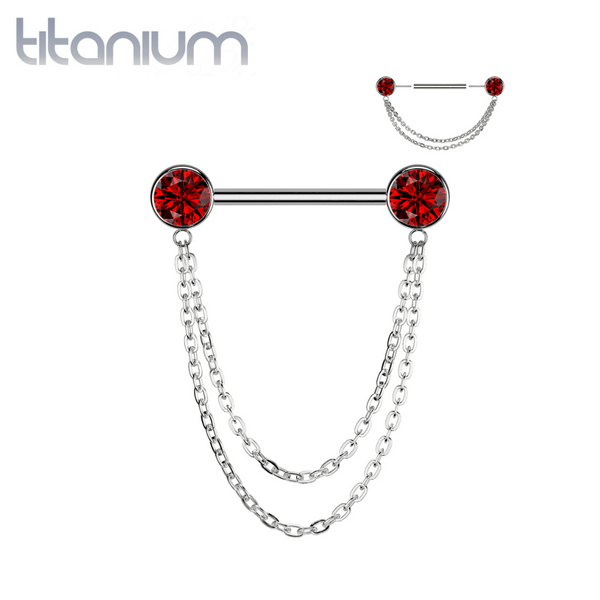 Implant Grade Titanium Red CZ Bezel Chain Dangle Threadless Push In Straight Barbell Nipple Ring - Pierced Universe