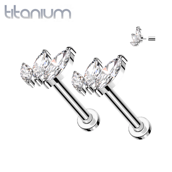 Pair of Implant Grade Titanium White CZ Triple Marquise Threadless Push In Earrings With Flat Back