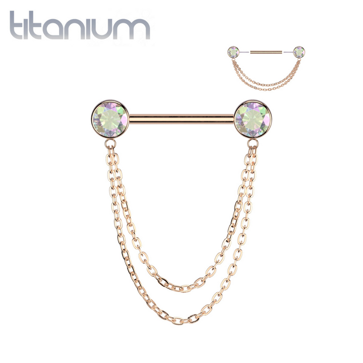 Implant Grade Titanium Rose Gold PVD AB CZ Bezel Chain Dangle Threadless Push In Straight Barbell Nipple Ring - Pierced Universe
