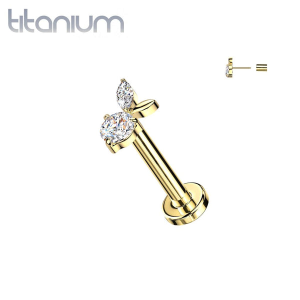 Implant Grade Titanium Gold PVD White CZ Apple Threadless Labret With Flat Back - Pierced Universe