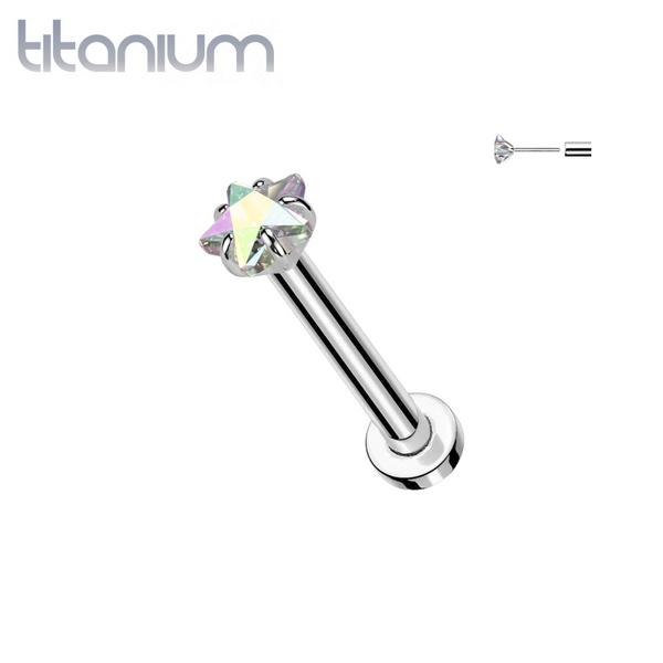 Implant Grade Titanium Threadless Aurora Borealis CZ Star Shaped Gem Push In Labret With Flat Back - Pierced Universe