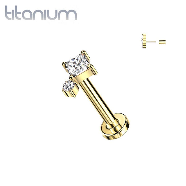 Implant Grade Titanium Gold PVD White CZ Square & Circle Gem Cluster Push In Threadless Labret With Flat Back